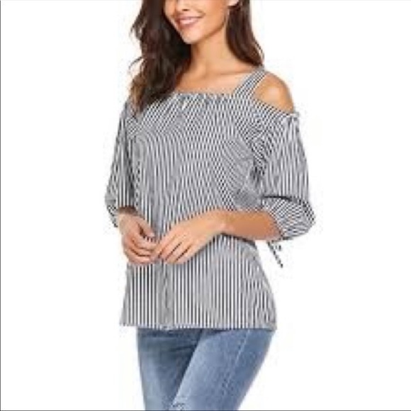 Zeagoo Striped Cold Shoulder Top Black White Sz S